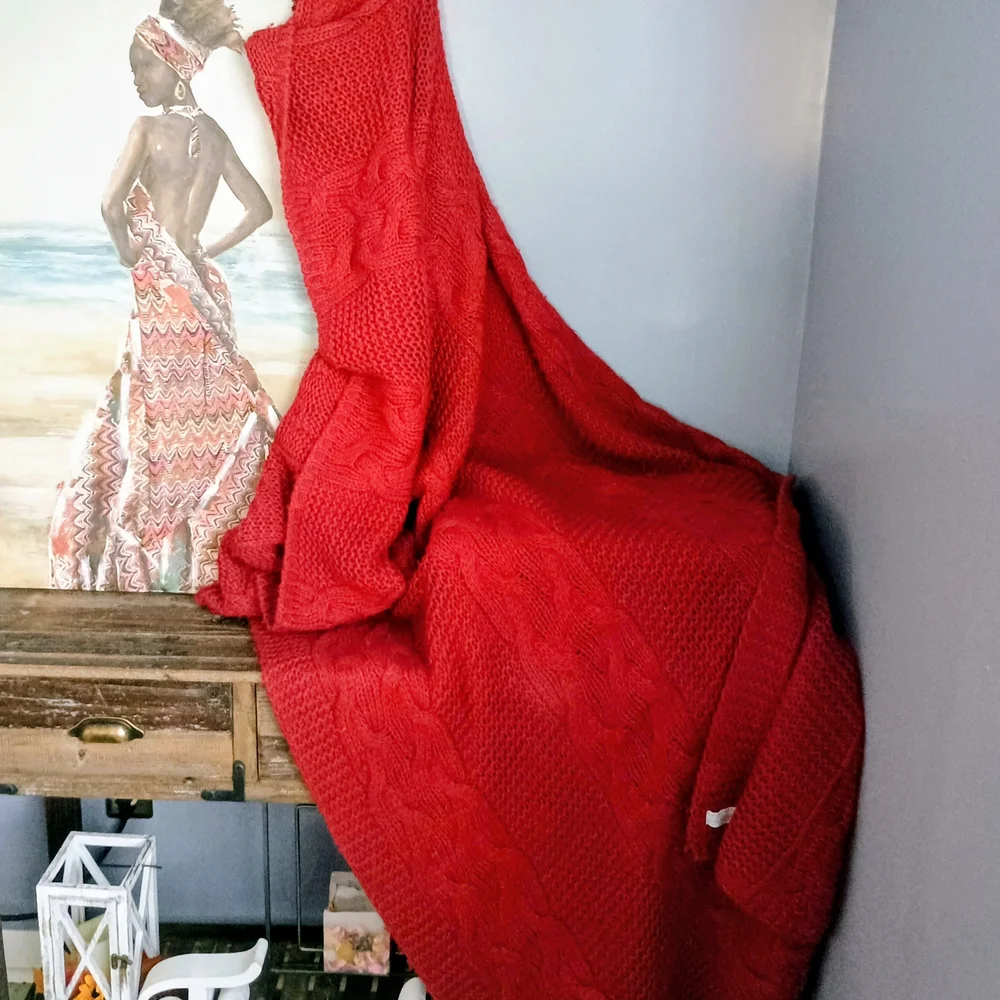 Restoration Hardware Deep Red Cable Knit Throw